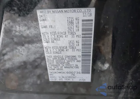 2019 Nissan Pathfinder Sl from USA, damaged, VIN 5N1DR2MM5KC600736